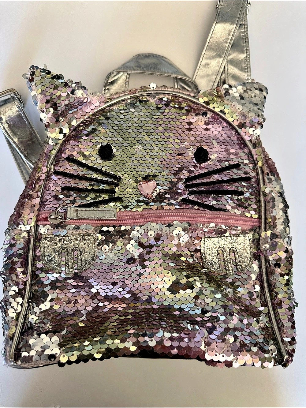 Kidbox Sequin Cat Backpack in Pink & Silver Like New